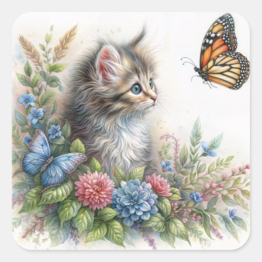 Kitten Looking At Orange Butterfly Vierkante Sticker (Voorkant)