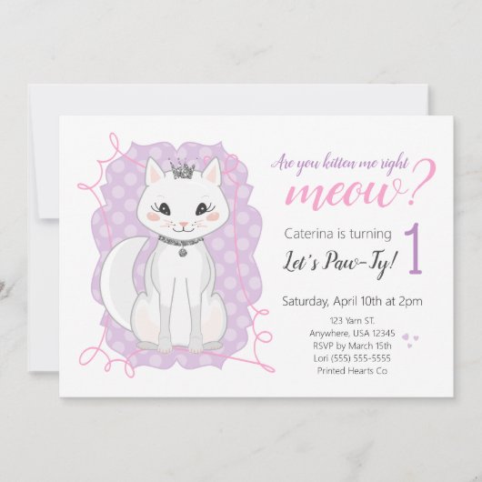Kitten Meow Verjaardagsuitnodiging | Roze en Paars Kaart (Voorkant)