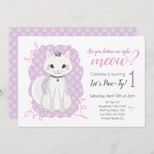 Kitten Meow Verjaardagsuitnodiging | Roze en Paars Kaart (Voorkant / Achterkant)