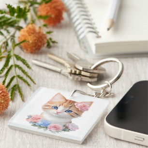 Kitten met Bloemen Whimsical Feline Sleutelhanger