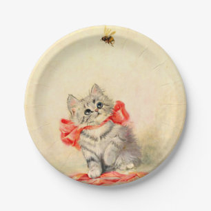 Kitten met een rood lint papieren bordje