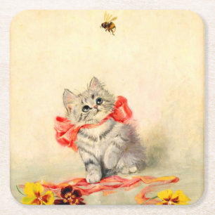 Kitten met een rood lint vierkante kartonnen onderzetter