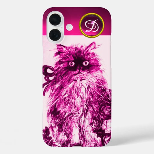 KITTEN MET FUCHSIA PINK ROSES Gemstone Monogram Case-Mate iPhone Case (Achterkant)