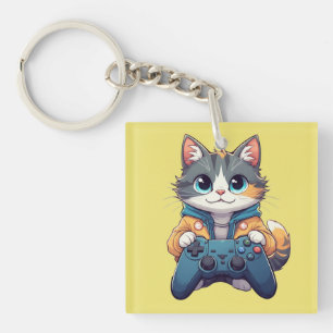 Kitten met gamecontroller lachende gamer kat sleutelhanger