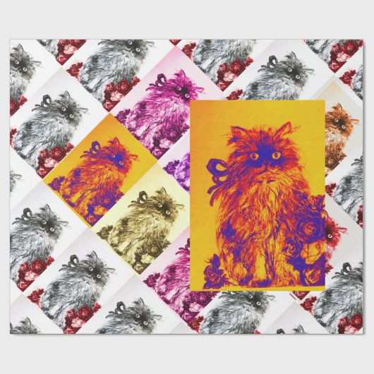 KITTEN MET RODE ROZEN,Oranje Geel,Blauw Cadeaupapier (Vlak)