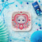 Kitten met rode strik met romantische bloemenharte papieren bordje (Feest)