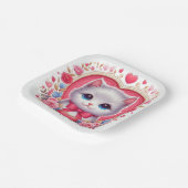 Kitten met rode strik met romantische bloemenharte papieren bordje (Gebogen)