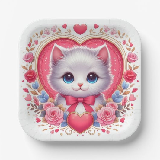 Kitten met rode strik met romantische bloemenharte papieren bordje (Voorkant)