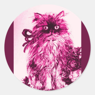 KITTEN MET ROZEN, Roze Fuchsia White Ronde Sticker