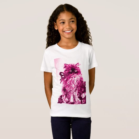 KITTEN MET ROZEN, Roze Fuchsia White T-shirt (Voorkant volledig)