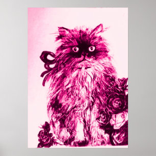 KITTEN MET ROZEN ,Roze Fuchsia Wit Poster