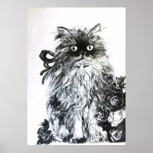 KITTEN MET ROZEN ,Zwart en Wit Poster