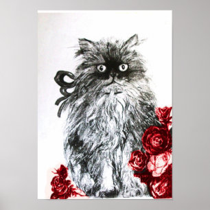 KITTEN MET ROZEN, zwart rood en wit Poster