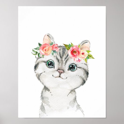 Kitten met Waterverf Flowers Art Print (Voorkant)