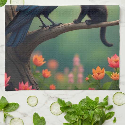 Kitten Oak Tree Garden Raven-Crows Keuken Theedoek (Gevouwen)