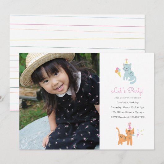 Kitten Party Birthday Photo Invite Kaart (Voorkant / Achterkant)