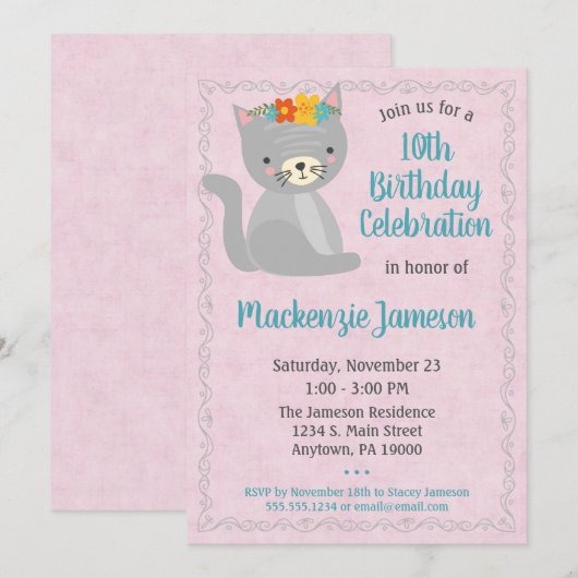 Kitten rose Invitation Anniversaire Filles Kitty C (Devant / Derrière)