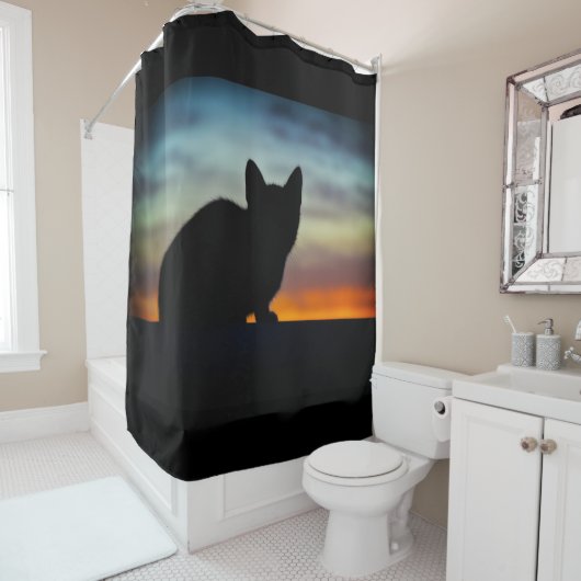 Kitten Silhouette Sunset Sky Douchegordijn (In situ)