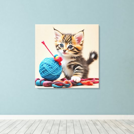 Kitten spelen met een bal van draad canvas afdruk (Insitu (Houten vloer))