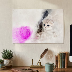 Kitten spelen met een roze garen bal waterverf poster