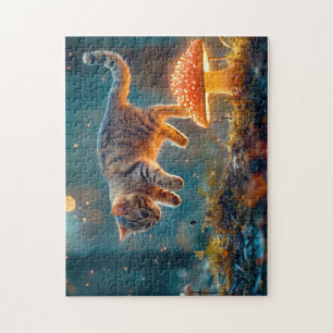 Kitten springen over een magische paddestoelpuzzel legpuzzel