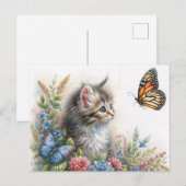 Kitten Staring At Butterfly Floral Art Briefkaart (Voorkant / Achterkant)