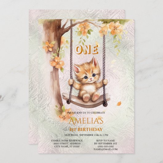 Kitten Swing 1e Verjaardagsfeest Uitnodiging (Voorkant / Achterkant)