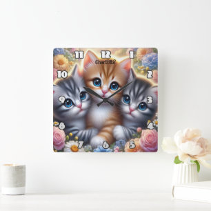 Kitten Trio: Schattige, Knuffelig, Bloemen Lijst Vierkante Klok