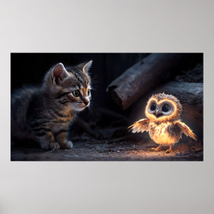 Kitten & Uil Poster – Whimsical Kunst van Bosvrien