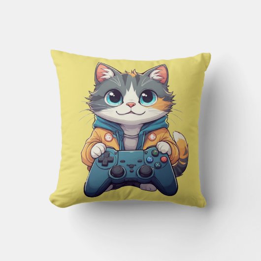 Kitten vasthoudend spelcontroller Lachende Gamer K Kussen (Voorkant)