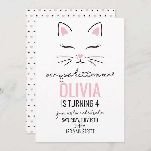 Kitten Verjaardag Invite met roze harten kat gezic Kaart (Voorkant / Achterkant)