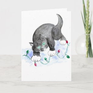 Kitten vindt Blinderrode en groene kerstlichten Feestdagen Kaart