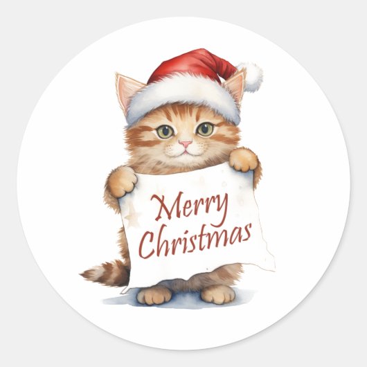 Kitten Vrolijk Kerstfeest Ronde Sticker (Voorkant)