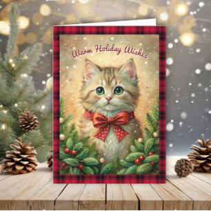 kitten warme vakantiewensen Buffalo Plaid Feestdagen Kaart
