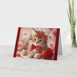 Kitten With Roses And Hearts Holiday Card Feestdagen Kaart