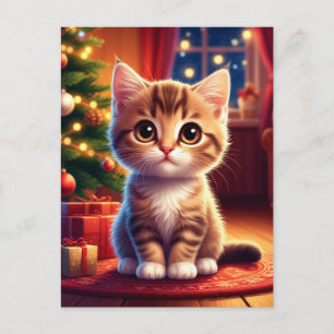 Kitten zit naast gloeiende kerstboom briefkaart