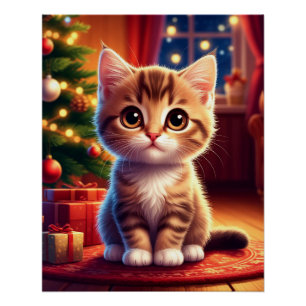 Kitten zit naast gloeiende kerstboom perfect poster
