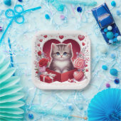 Kitten zitten in een doos met bloemen en geschenke papieren bordje (Feest)