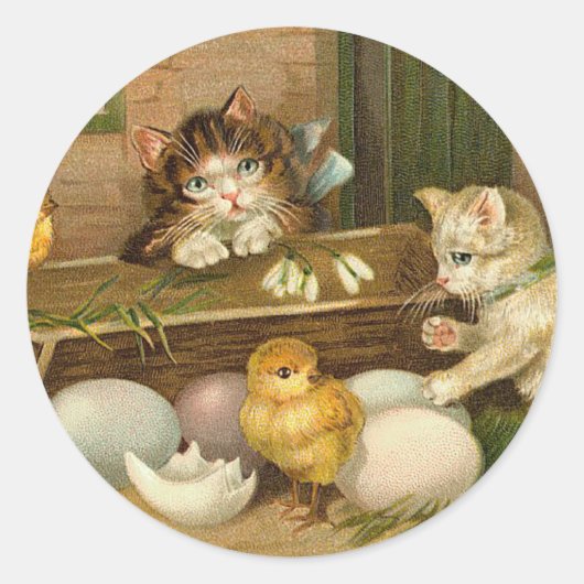 Kittens en Chicks  Paasgroet Ronde Sticker (Voorkant)