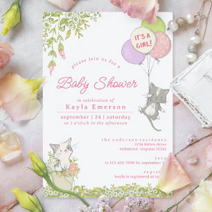 Kittens en Spring Floral   Cute Girly Baby shower Kaart