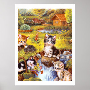 Kittens in een tuin poster