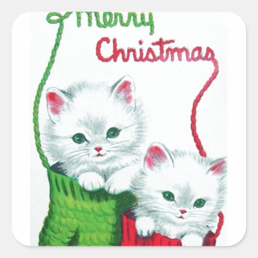 Kittens in Mittens Merry Kerstmis Vierkante Sticker (Voorkant)