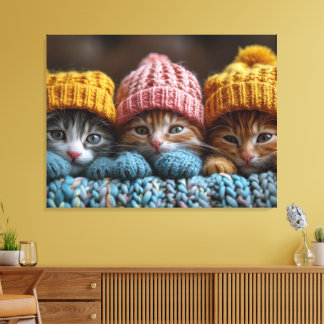 Kittens in wollige petten canvas afdruk