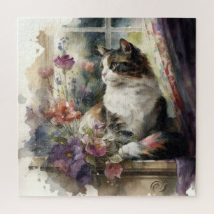 Kittens Kat Paarse Bloemen Raam Zonlicht Legpuzzel