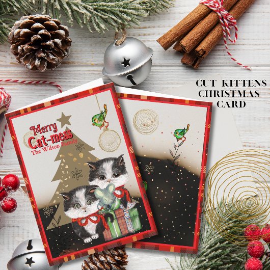 Kittens Merry Cat-mess Card | Red Plaid Christmas Feestdagen Kaart