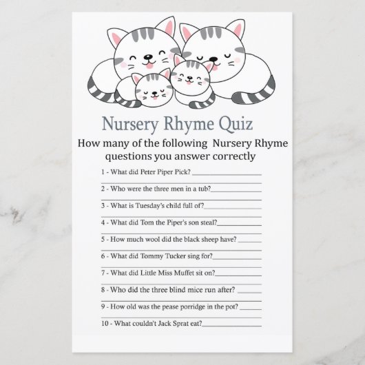 Kittens Nursery Rhyme Quiz baby shower game (Voorkant)