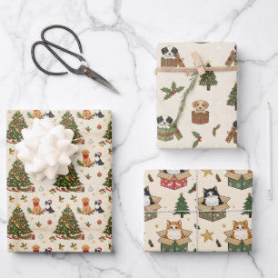 Kittens, Puppies en Kerstbomen Patroon Inpakpapier Vel