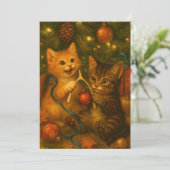 Kittens & Turkey Wishbone Under Christmas Tree Feestdagenkaart (Staand voorkant)