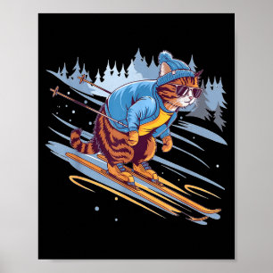 Kittie die een besneeuwde helling af skiët, grappi poster