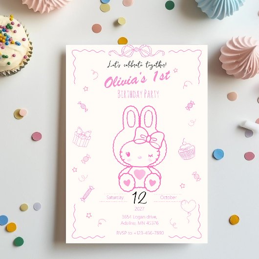 Kitty Birthday Girl Invitation Kaart